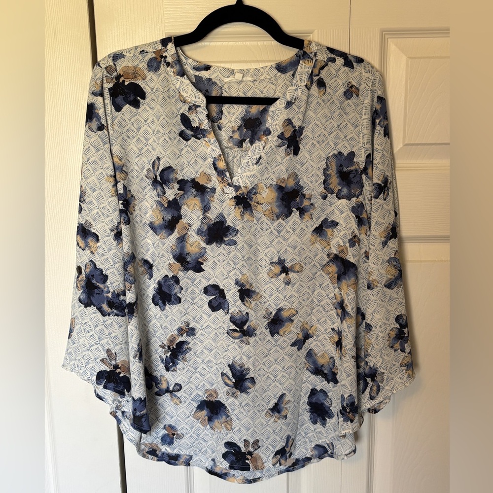 Maurices Blue and Tan Floral V-Neck Tunic